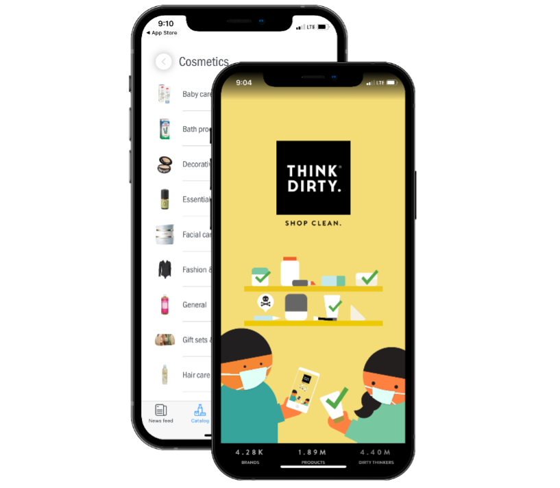 Two phones displaying health apps: Think Dirty and Code Check