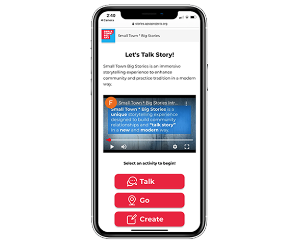Prototype of a mobile web browser displaying a storytelling app