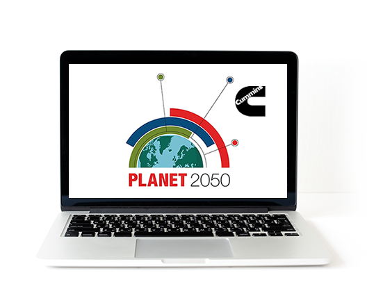 computer screen with a Cummins Planet 2050 logo on the screen